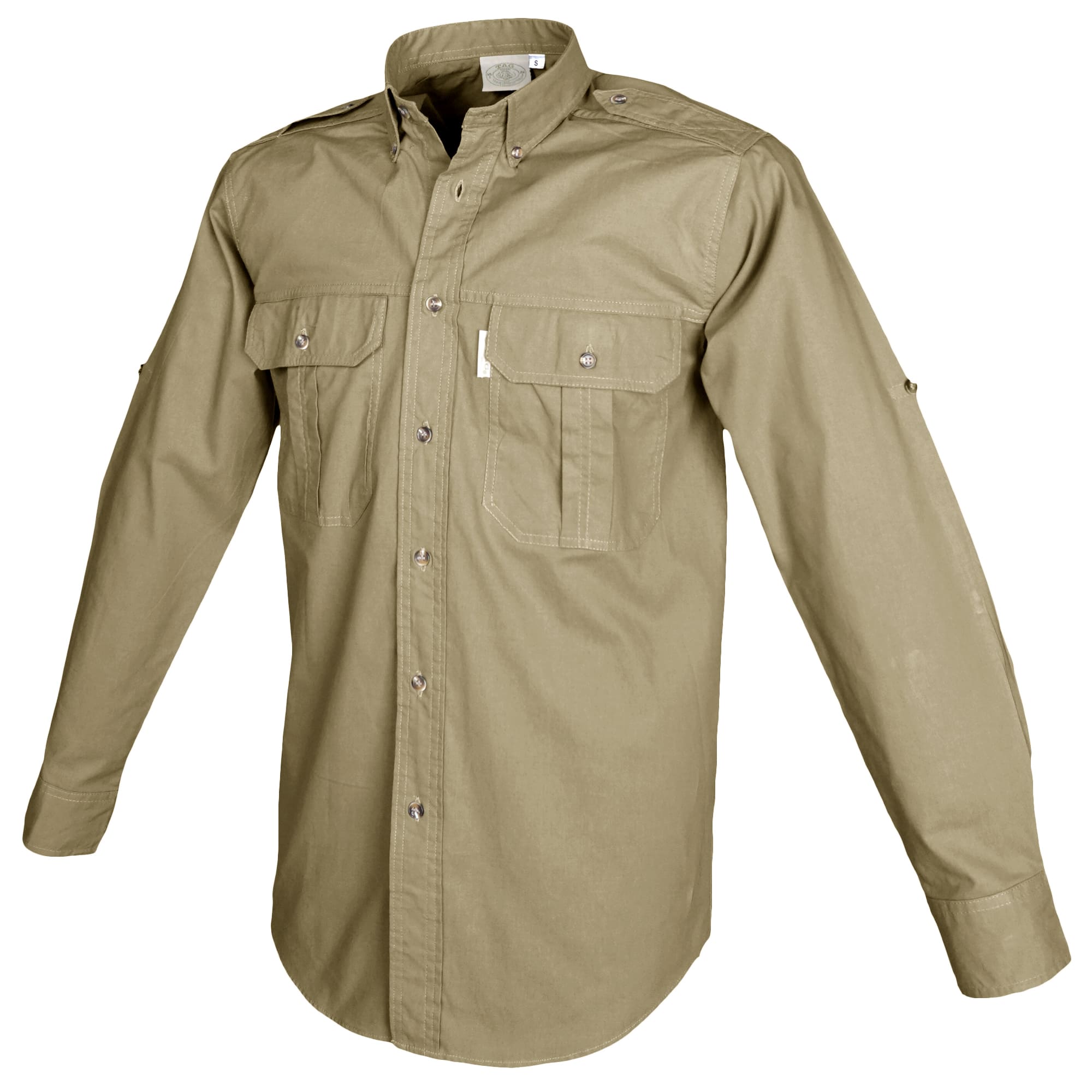 Khaki shirt with two front pockets on a white background