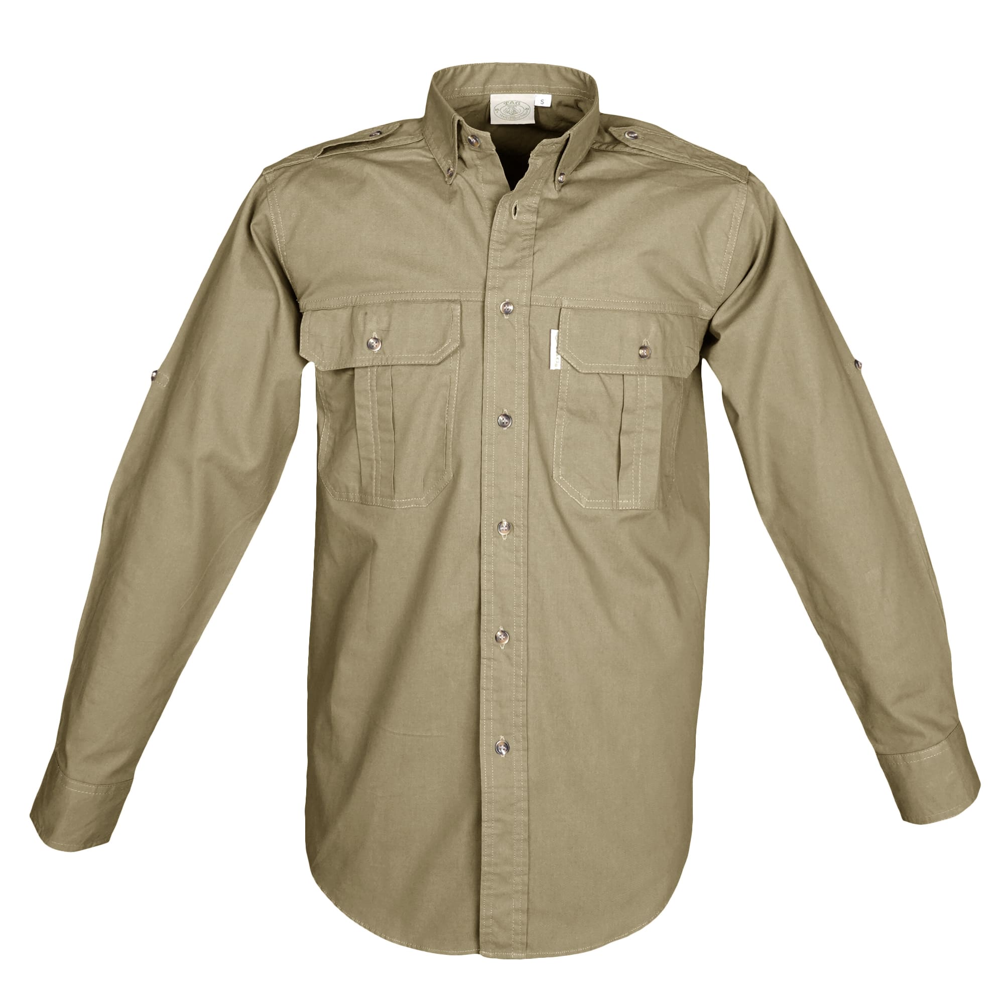 Khaki shirt with multiple pockets on a white background