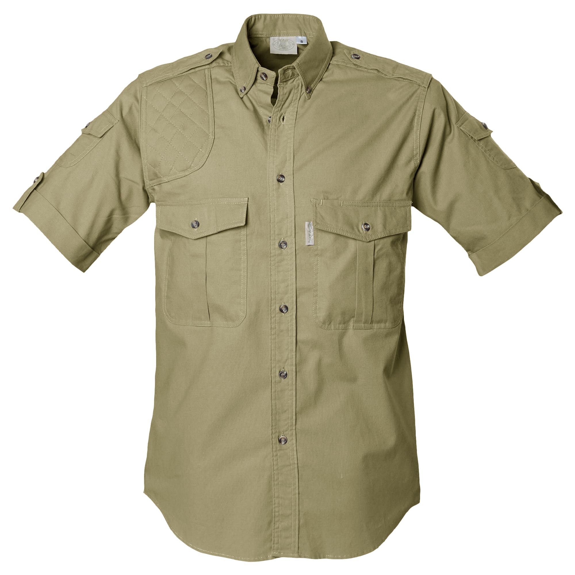 Khaki short-sleeve shirt with pockets on a white background