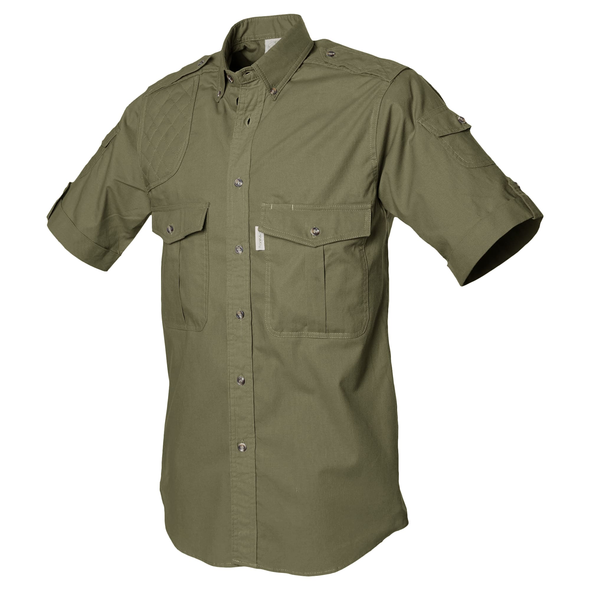 Green short-sleeve shirt with pockets on a white background