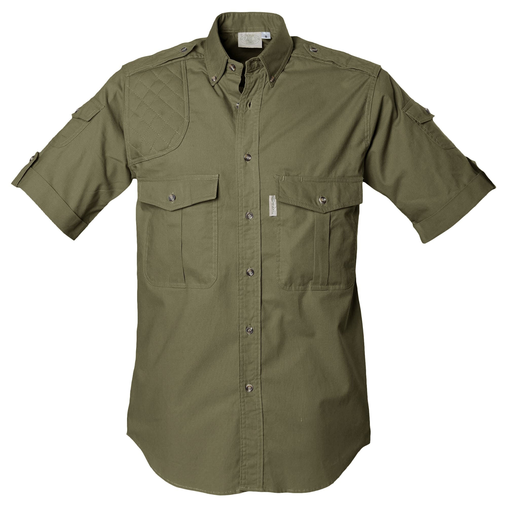 Green short-sleeve shirt with pockets on a white background