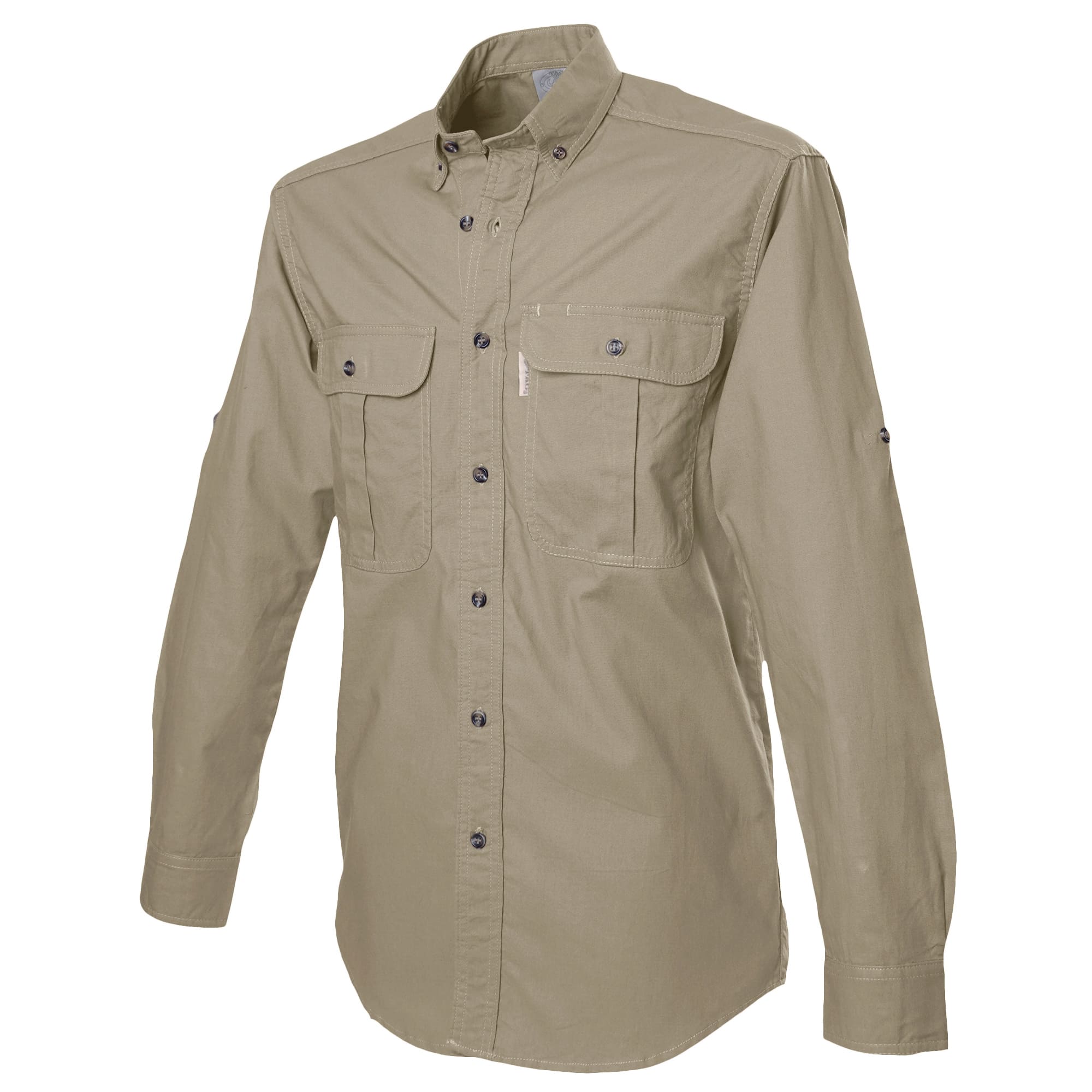 Beige shirt with button details on a white background