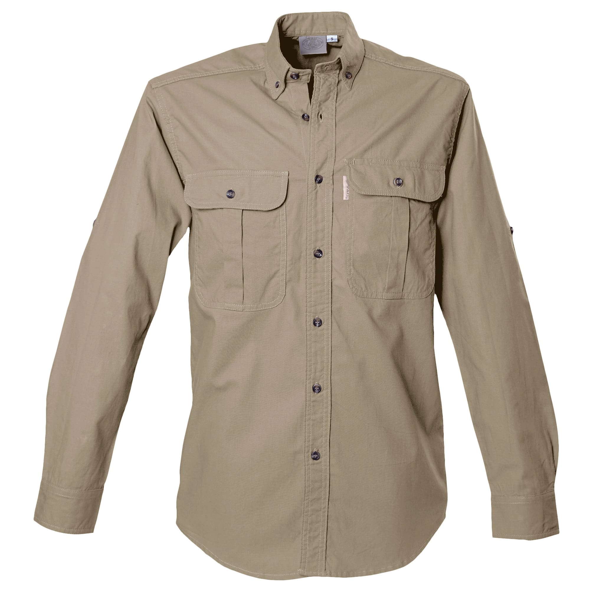 Beige shirt with two front pockets on a white background