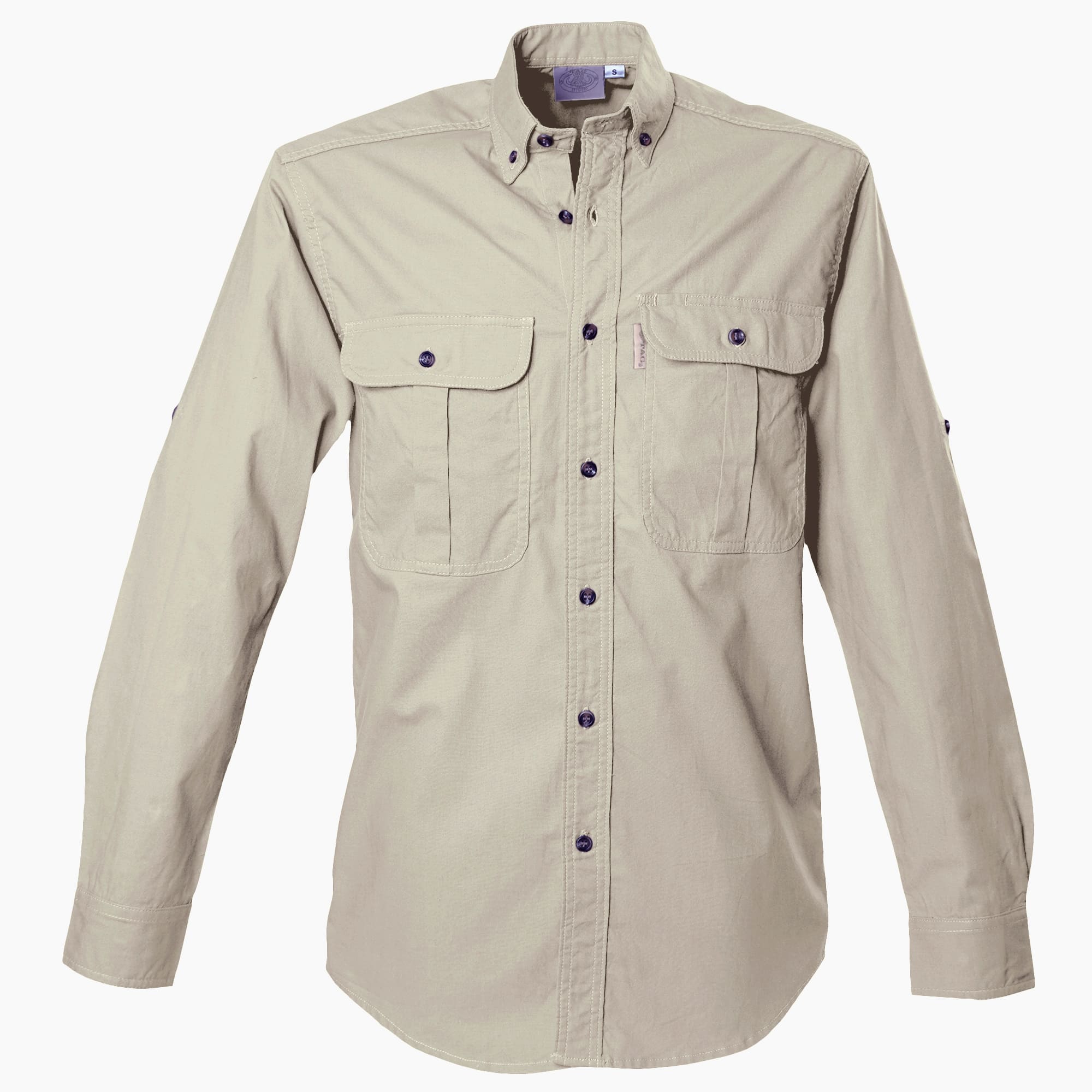 Beige shirt with two front pockets on a white background