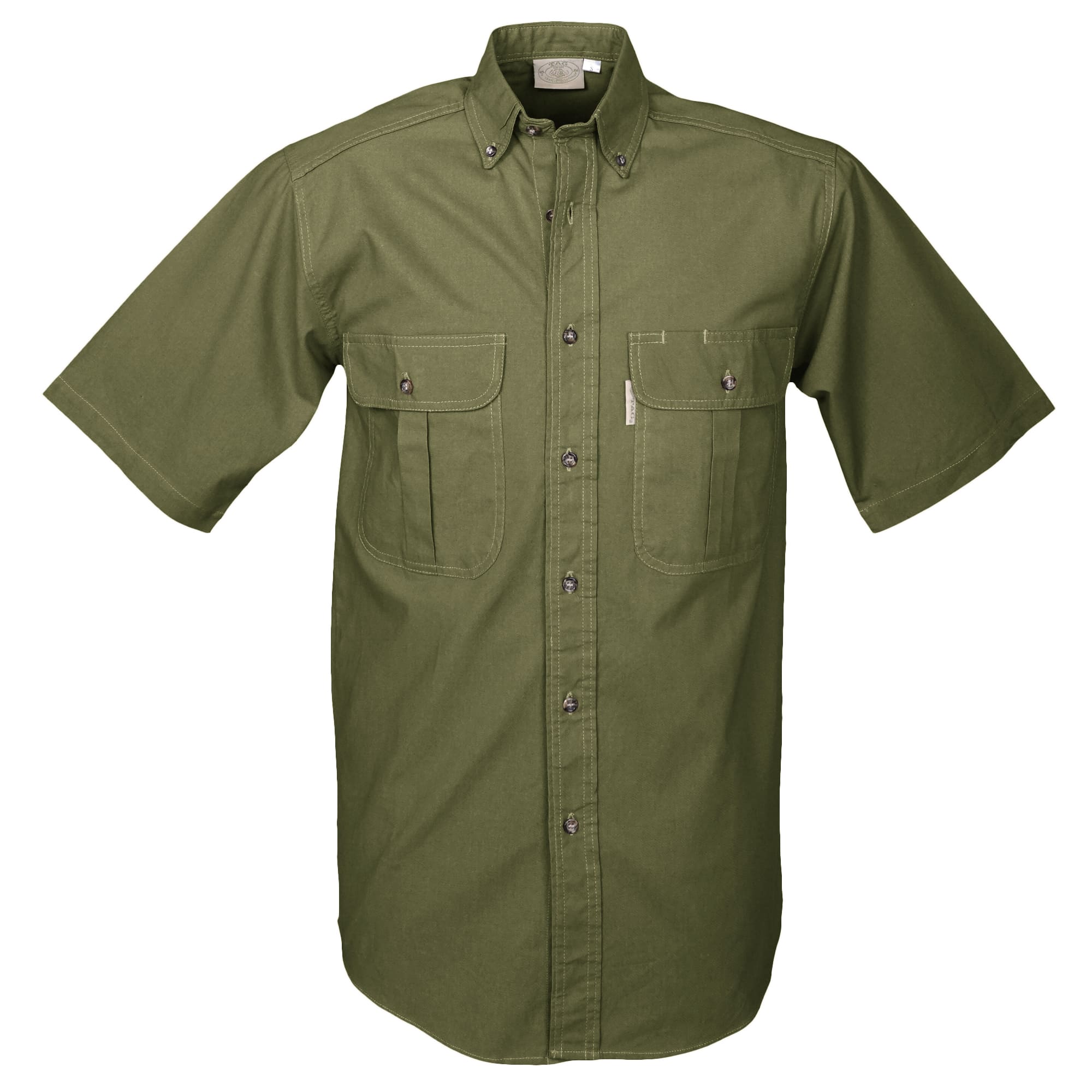 Green short-sleeve shirt with two front pockets on a white background