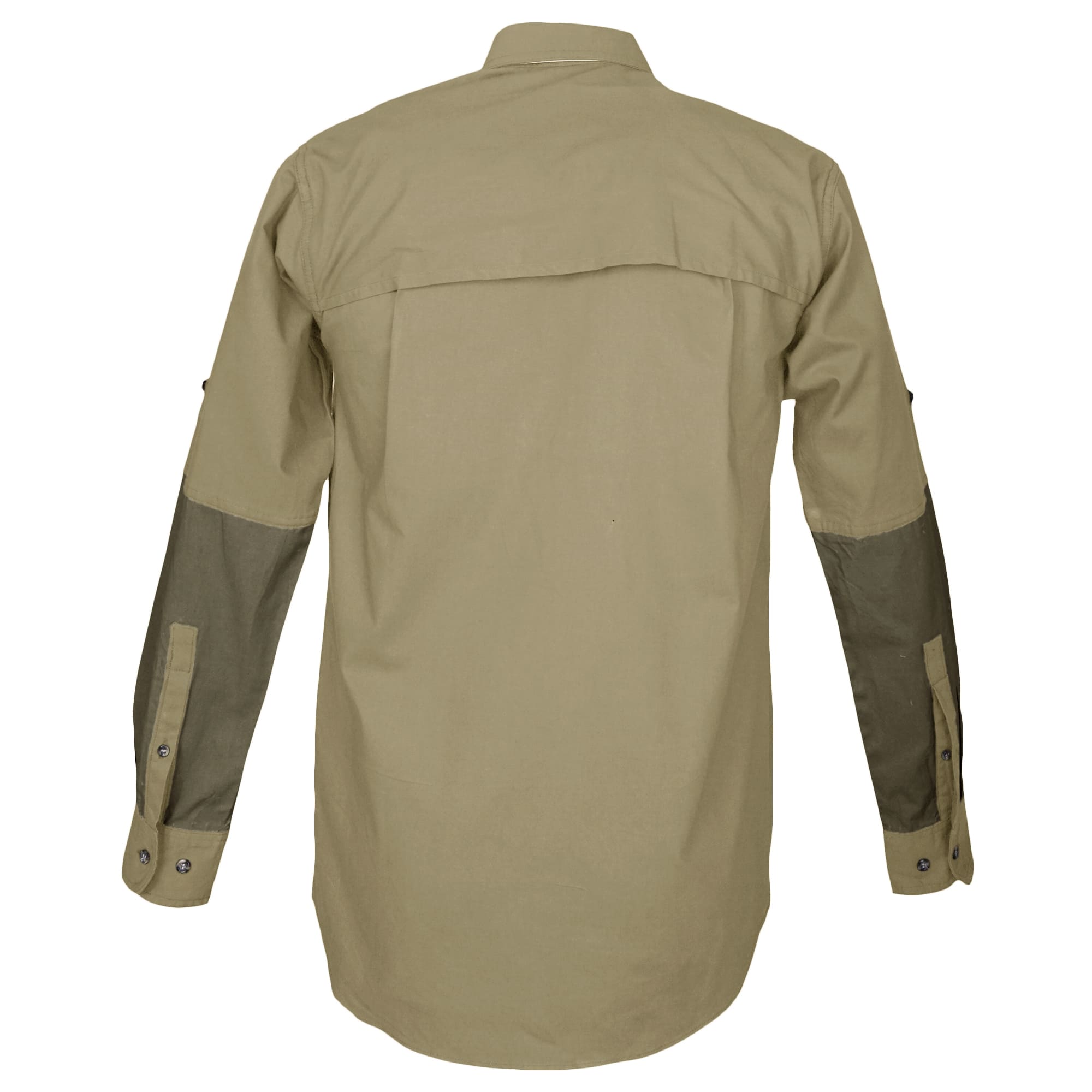 Khaki shirt with green sleeves on a white background