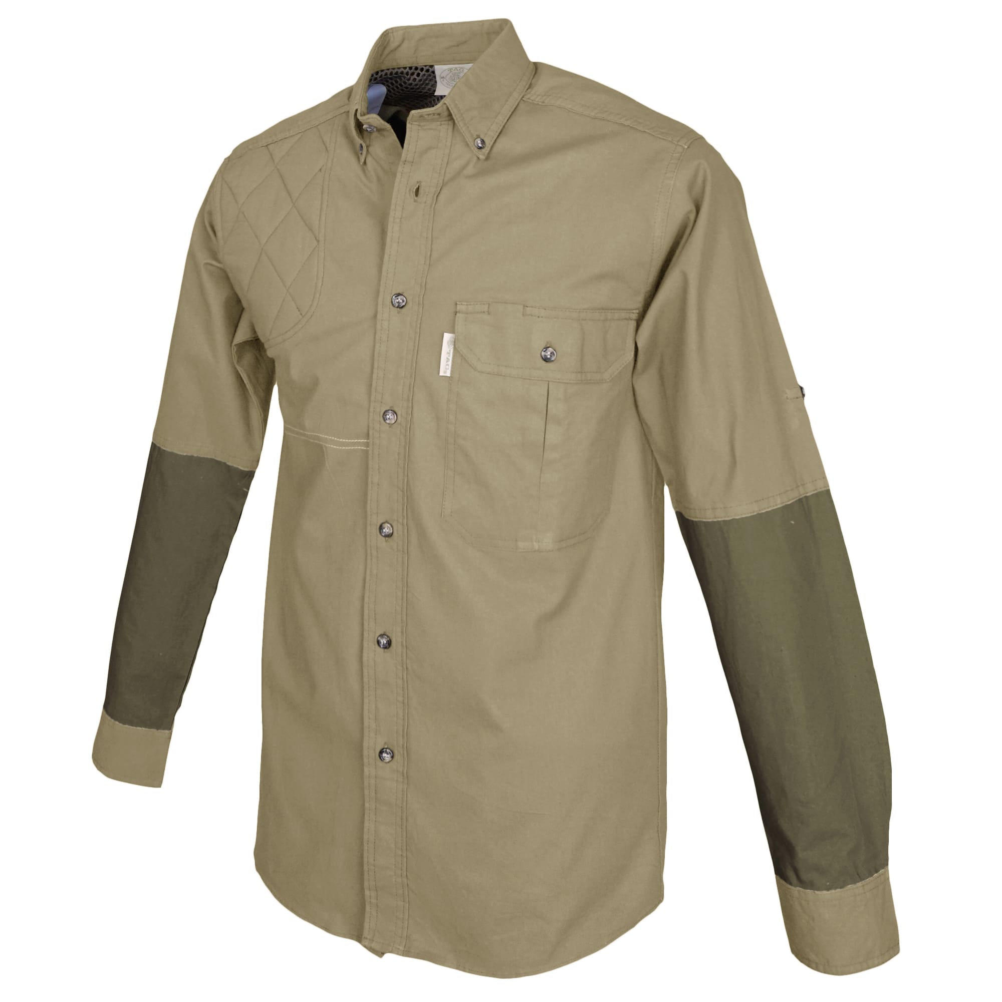 Khaki and green shirt with a pocket on a white background