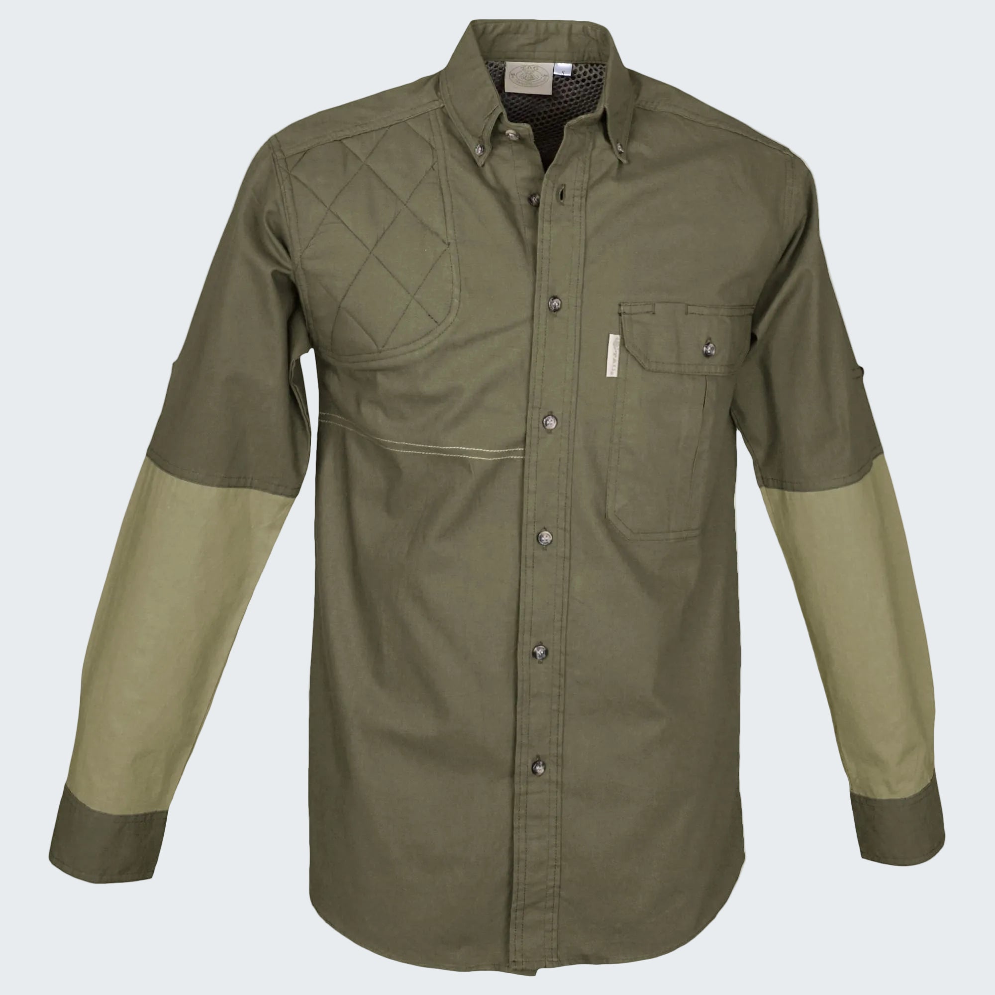 Green shirt with quilted sleeves on a white background