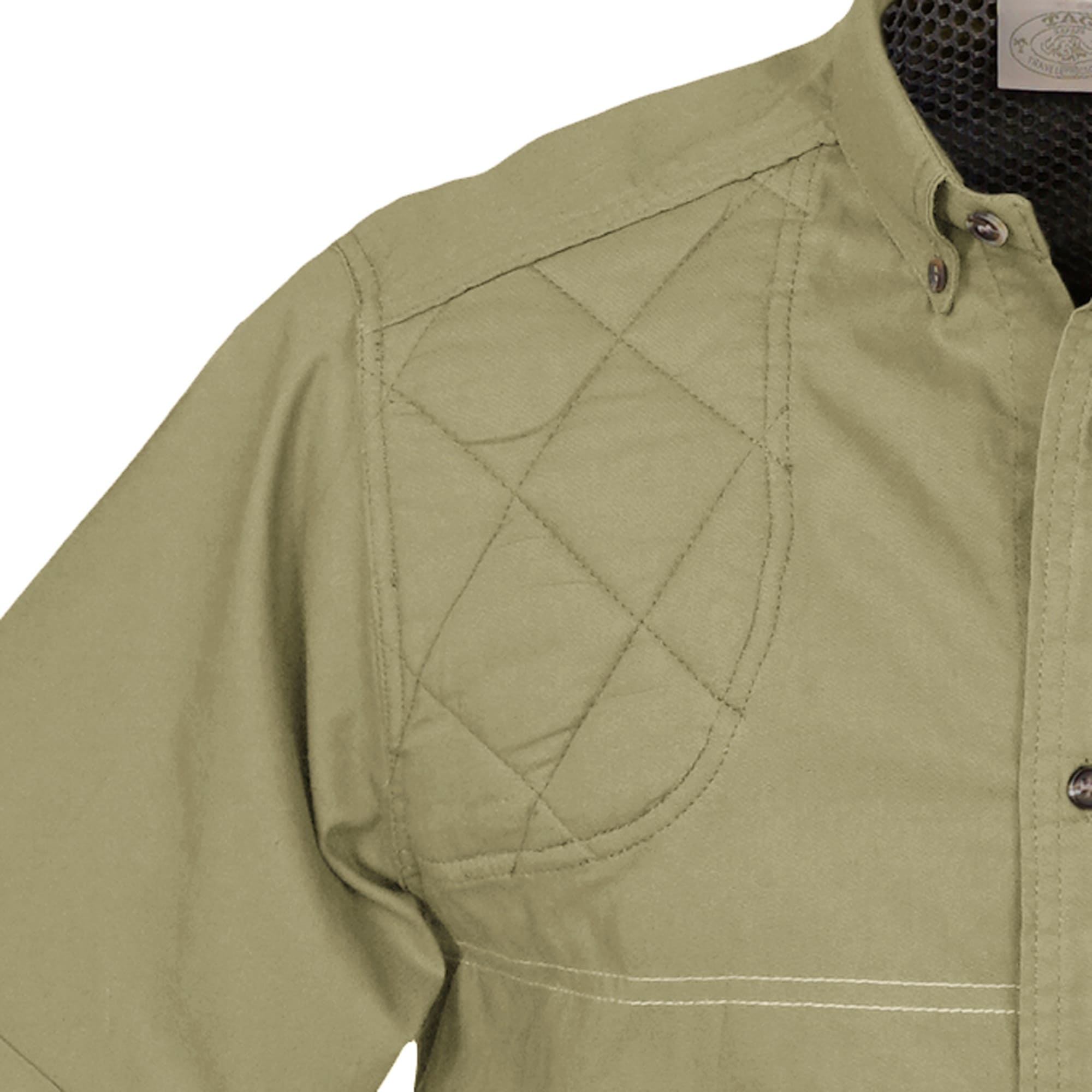 Close-up of a green jacket with quilted pattern on a white background