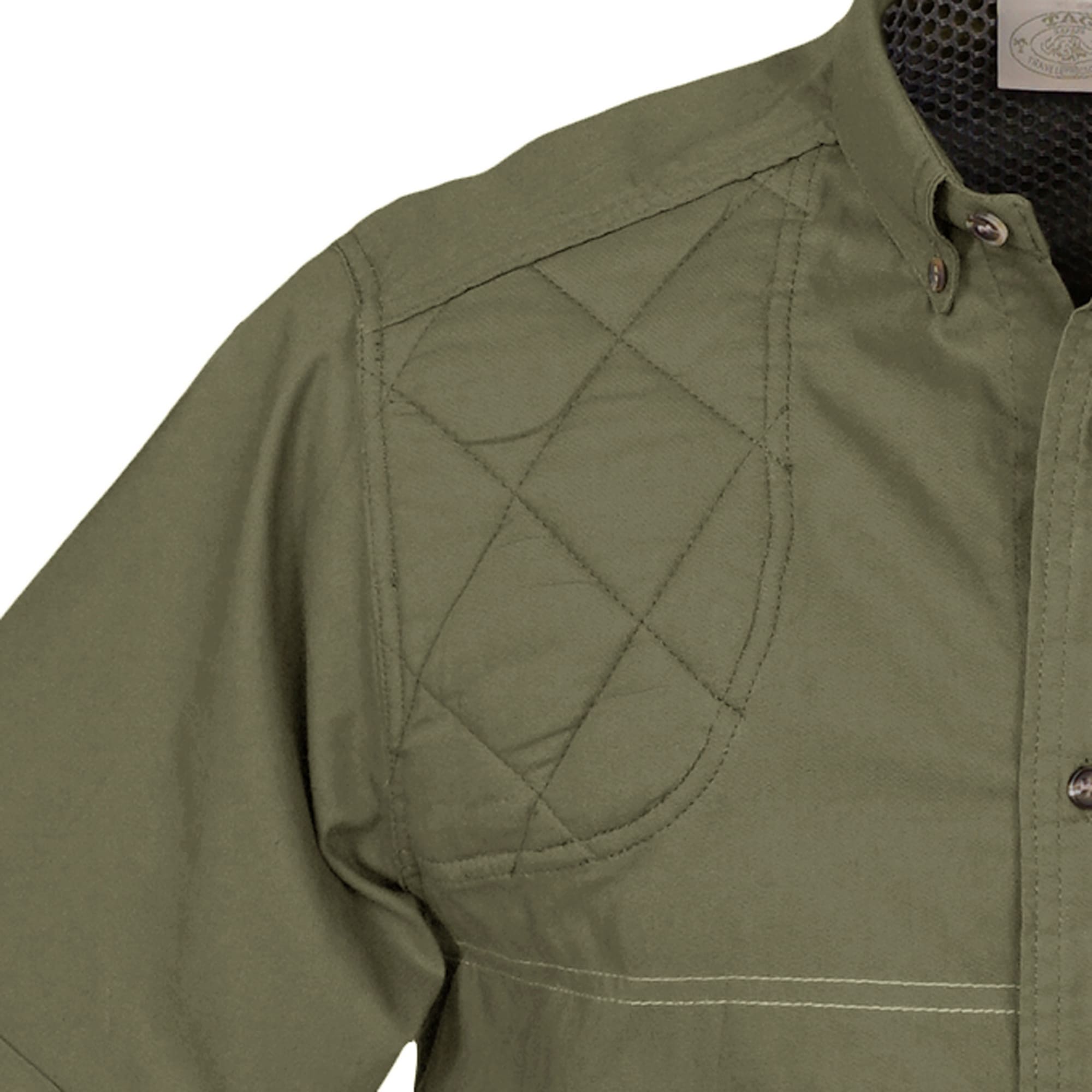Green jacket with quilted back panel on a white background