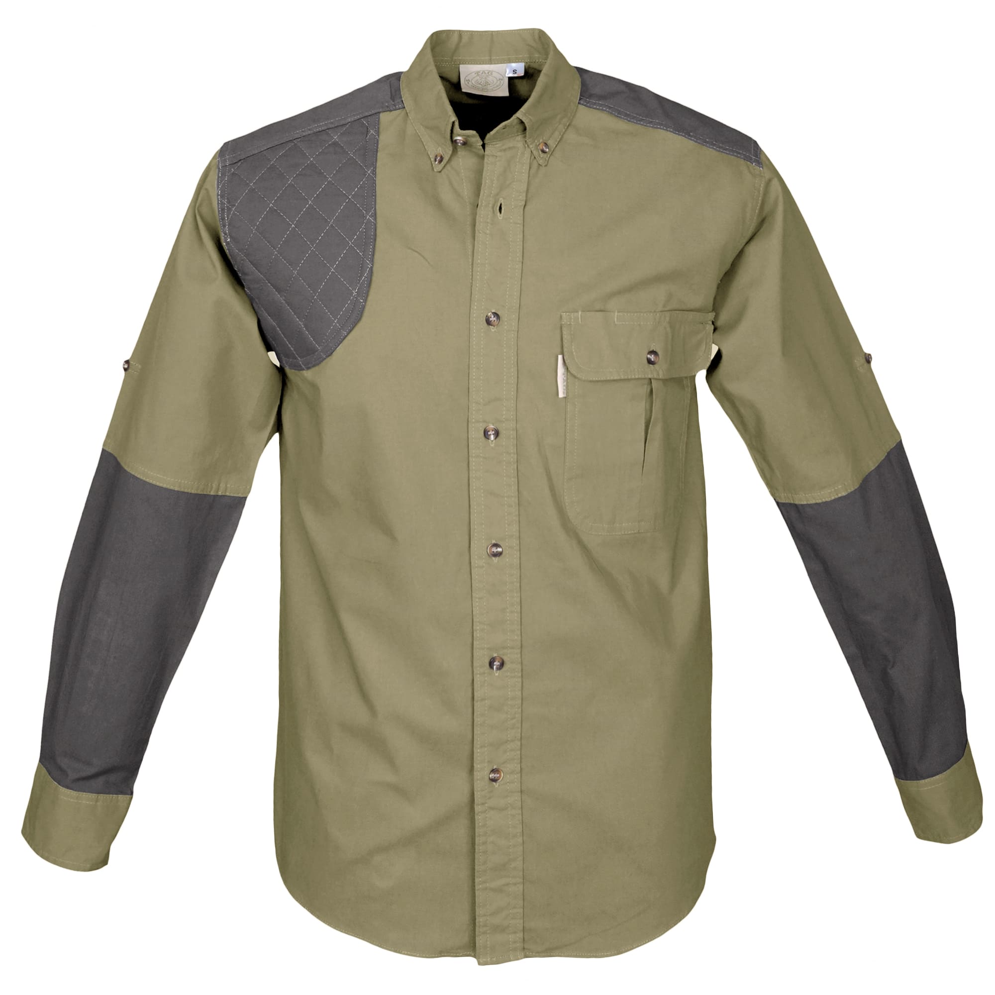 Green and gray shirt with quilted shoulder design on a white background