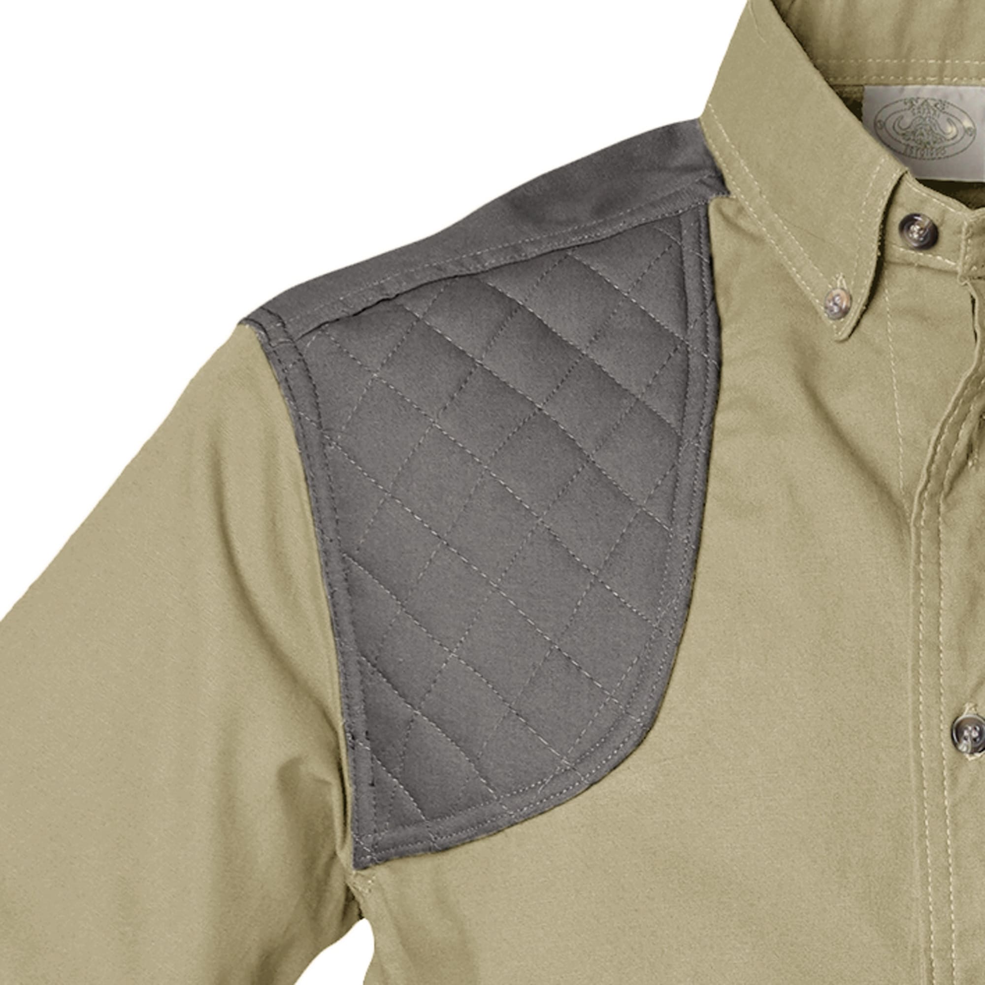 Close-up of a green jacket with a gray quilted shoulder pad on a white background