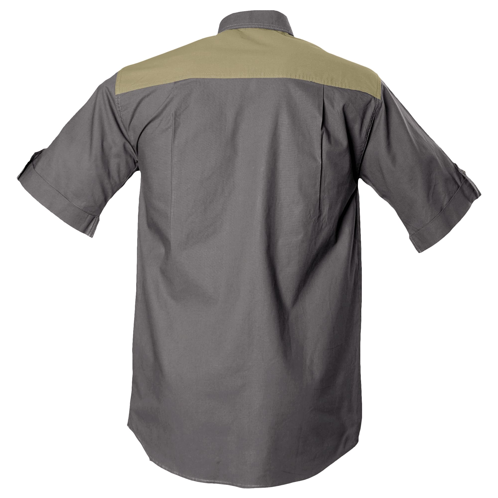 Short-sleeve shirt with green and gray color block design on a white background