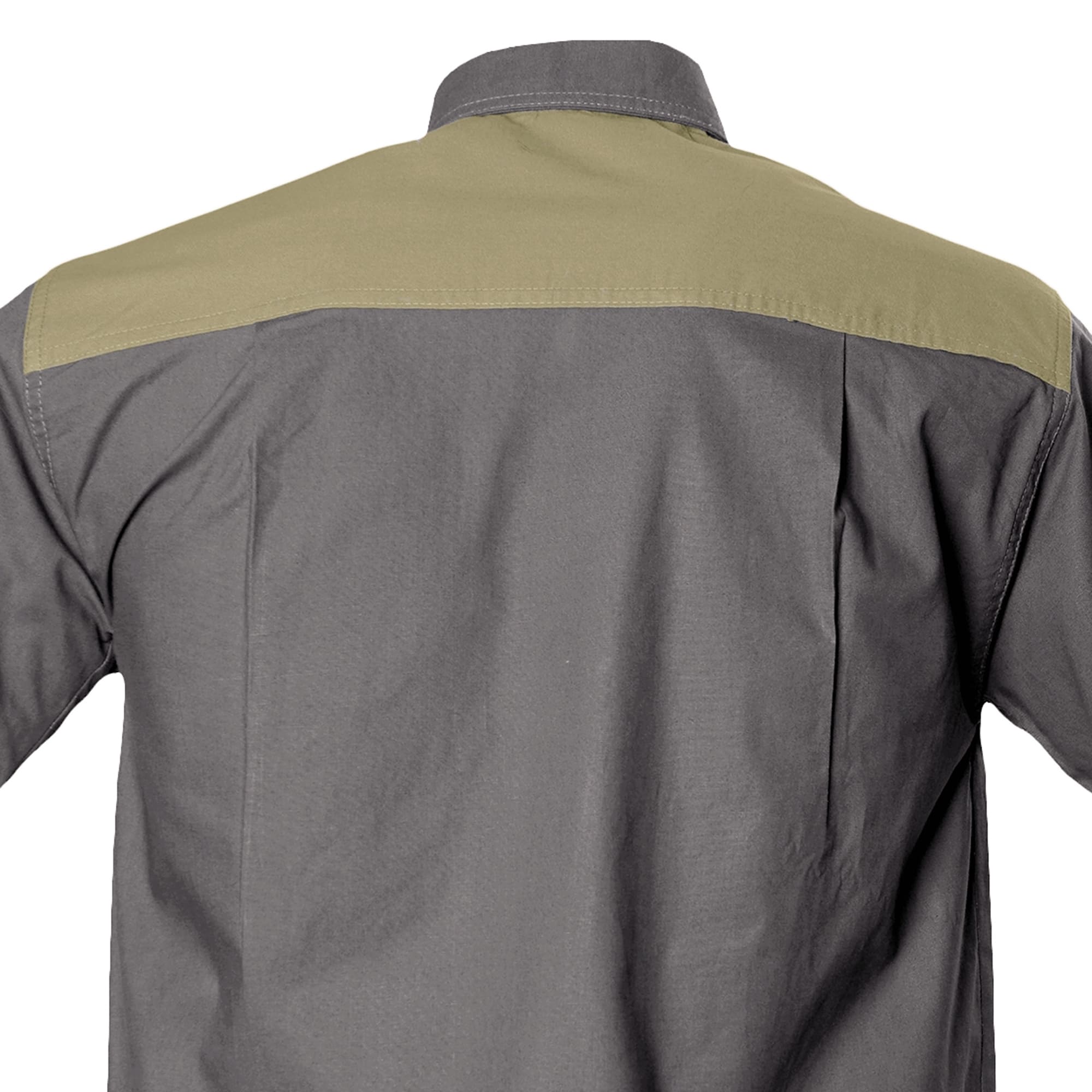 Back view of a shirt with green and gray color block design on a white background