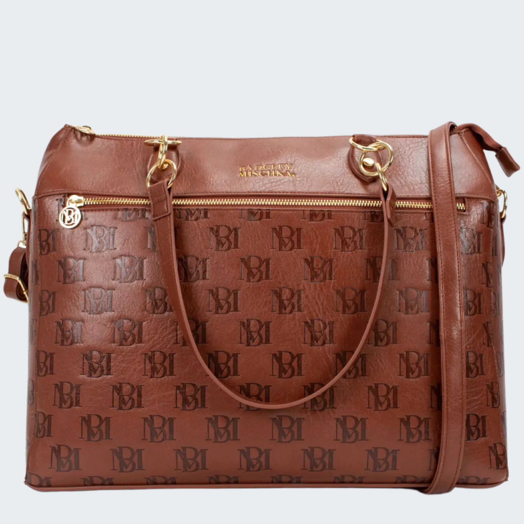 Brown leather bag with gold accents on a white background