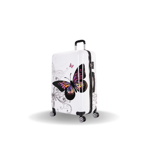 White suitcase with butterfly design on a white background