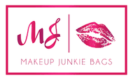 Logo of Makeup Junkie Bags with a stylized 'MJ' and lipstick kiss mark on a white background.