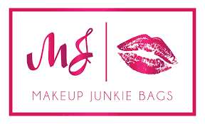 Logo of Makeup Junkie Bags with a stylized 'MJ' and lipstick kiss mark on a white background.