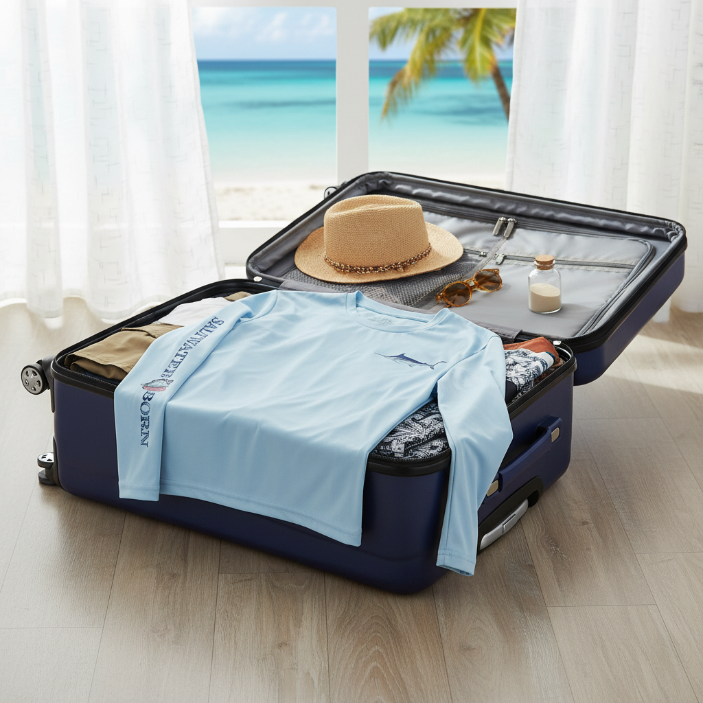 Light blue long-sleeve shirt with fish illustrations and 'Saltwater Born' text on a white background