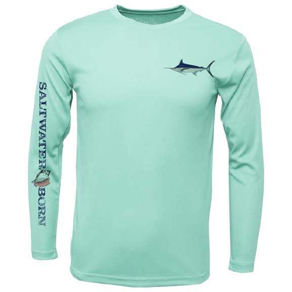 Light blue long-sleeve shirt with fish graphics and 'Saltwater Born' text on a white background