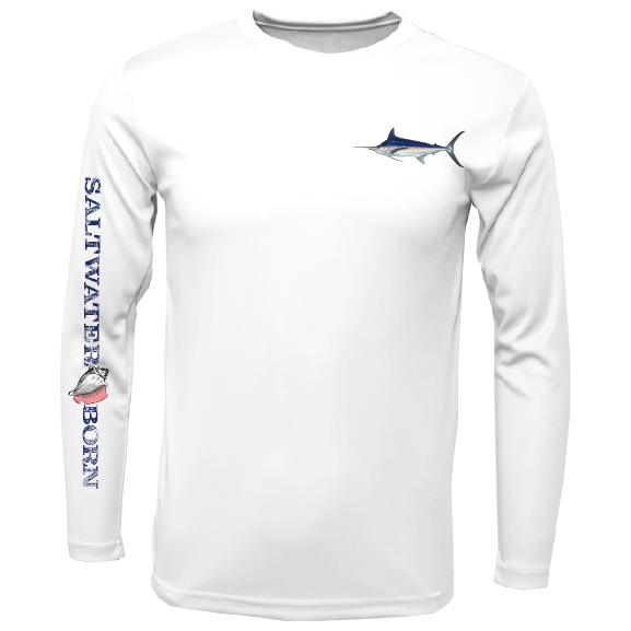 White long-sleeve shirt with fish graphics and 'Saltwater Born' text on a white background