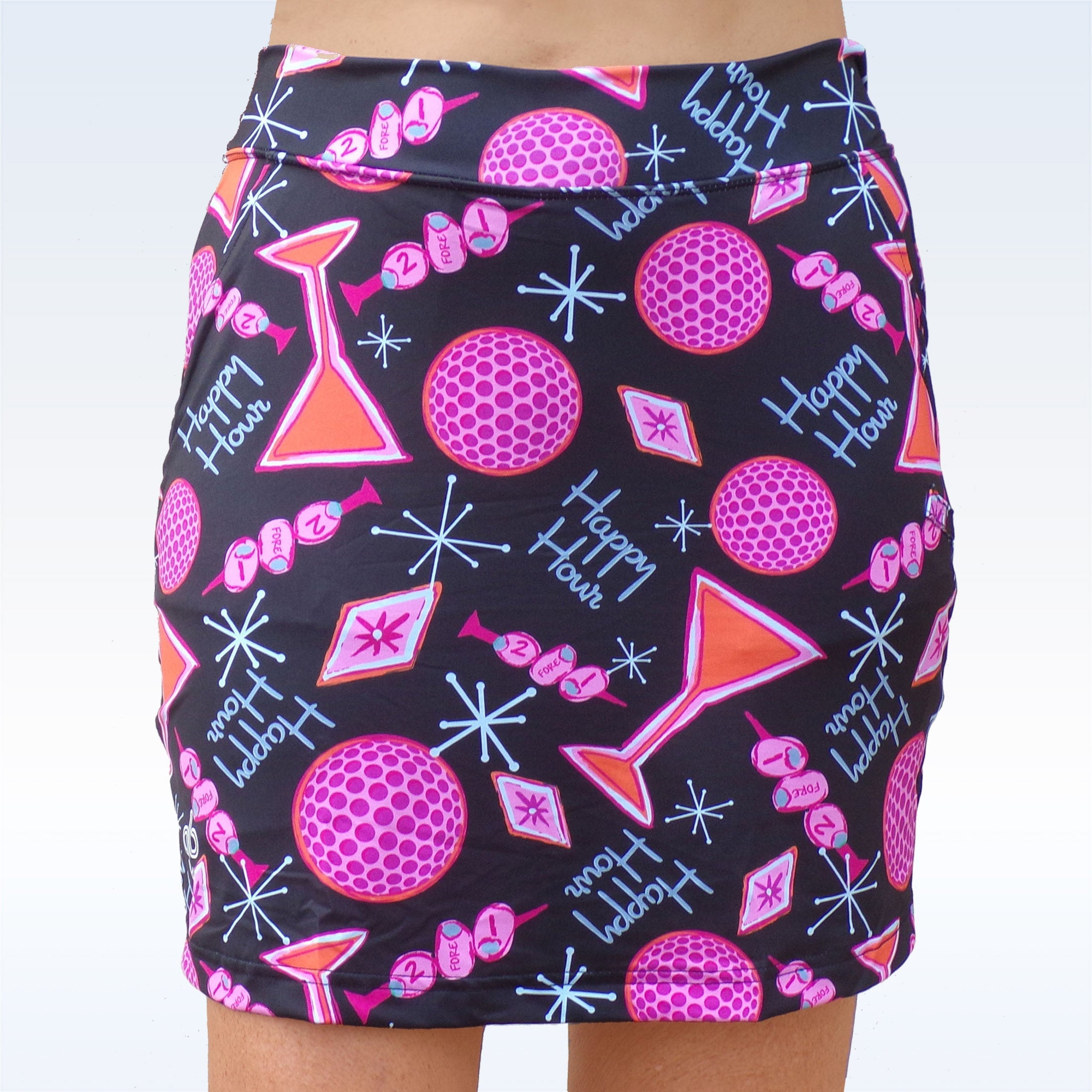 Skirt with cocktail-themed pattern on a plain background