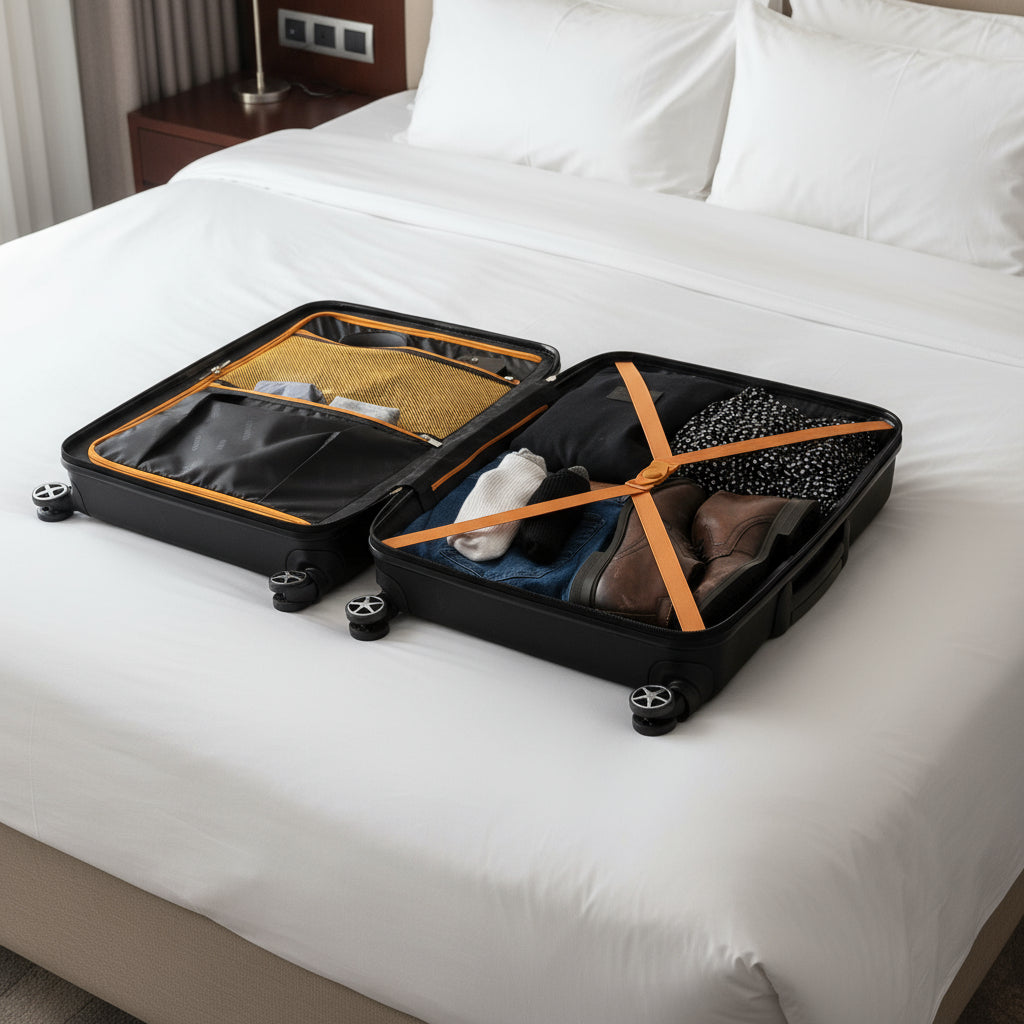 Open suitcase with organized clothing items on a white background