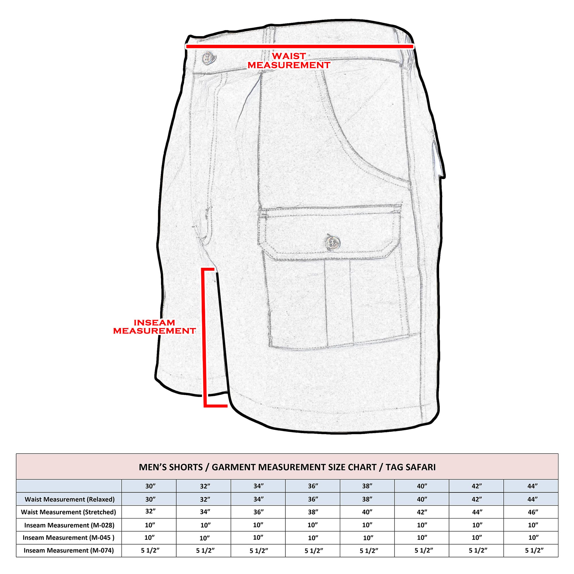 Measurement chart for men's shorts with waist and inside leg measurements on a white background.
