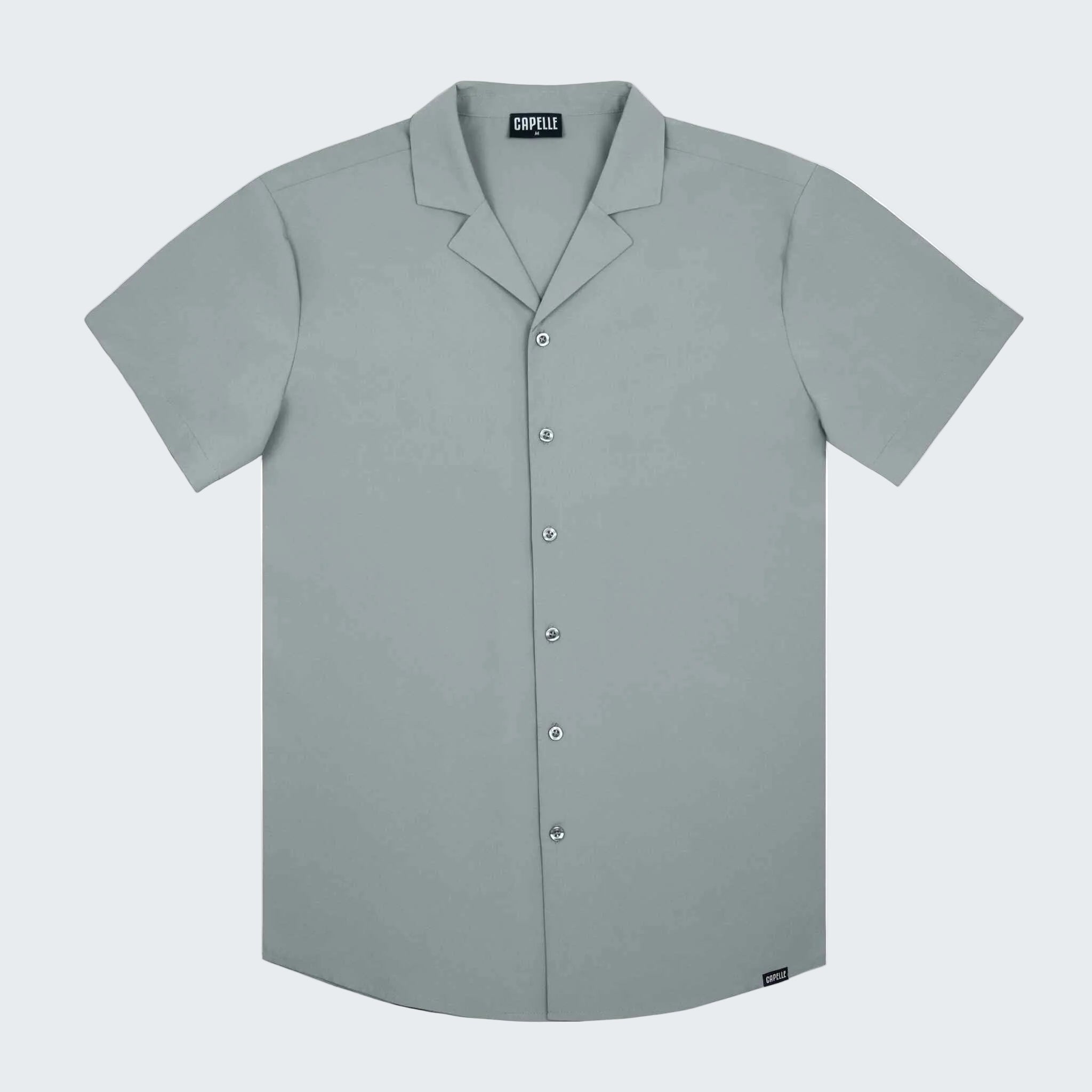 Gray short-sleeve button-up shirt on a white background