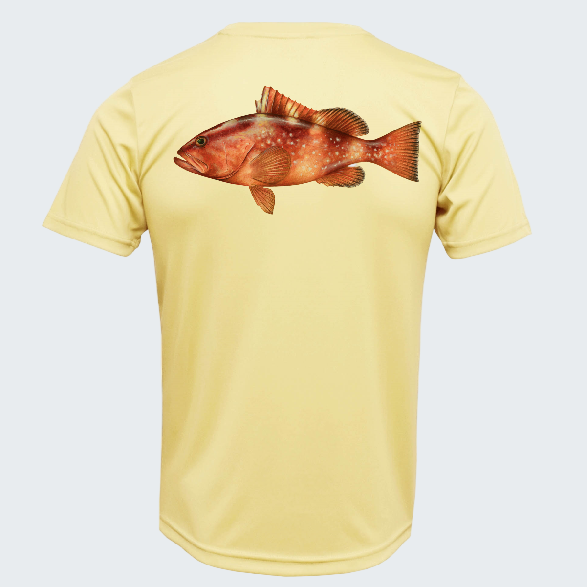 Yellow t-shirt with a fish graphic on the back against a white background