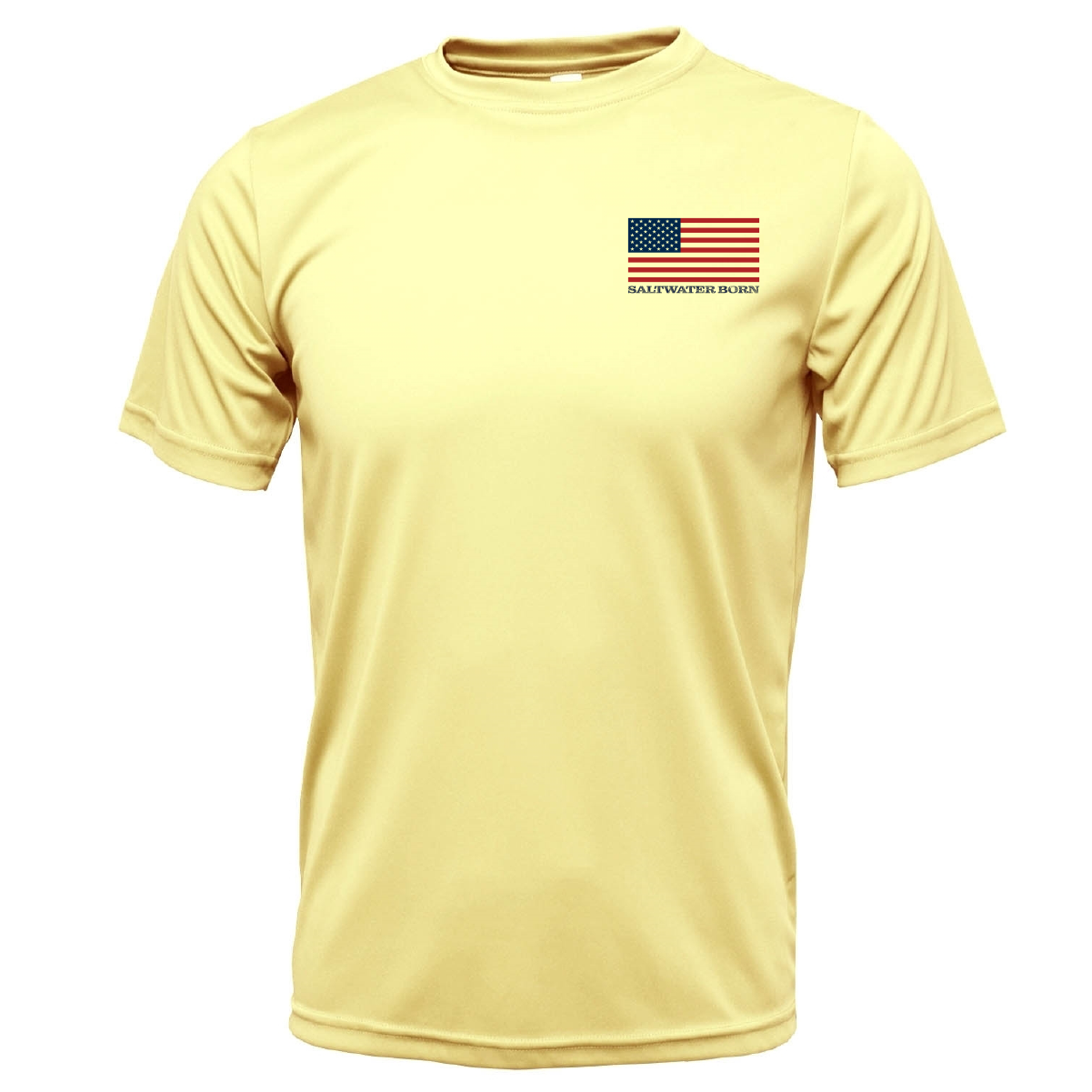 Yellow t-shirt with American flag design on a white background