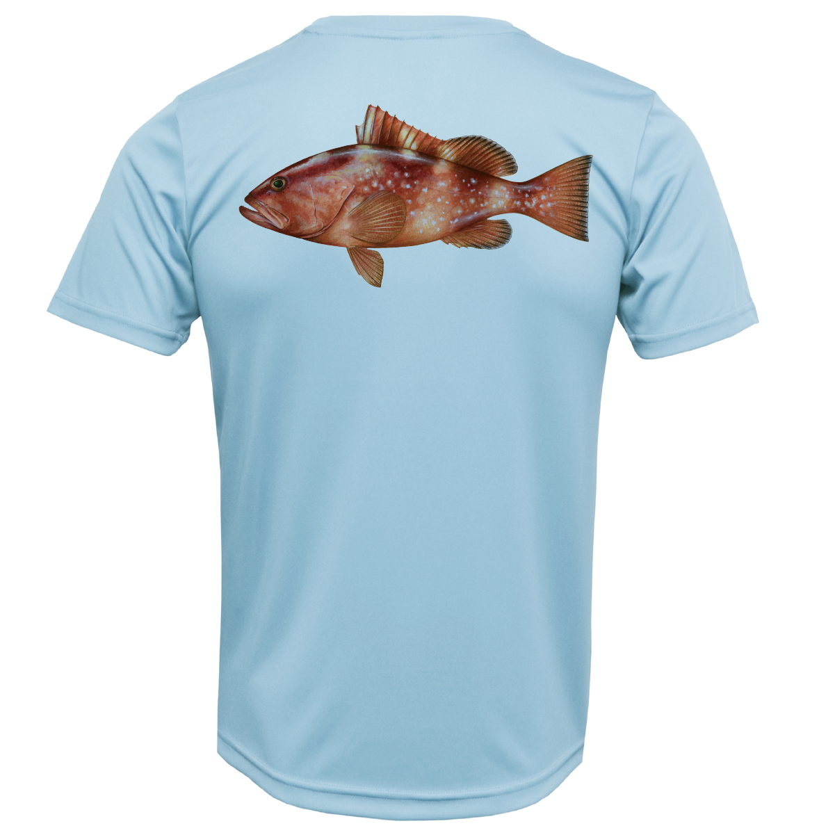 Light blue t-shirt with a fish graphic on the back against a white background