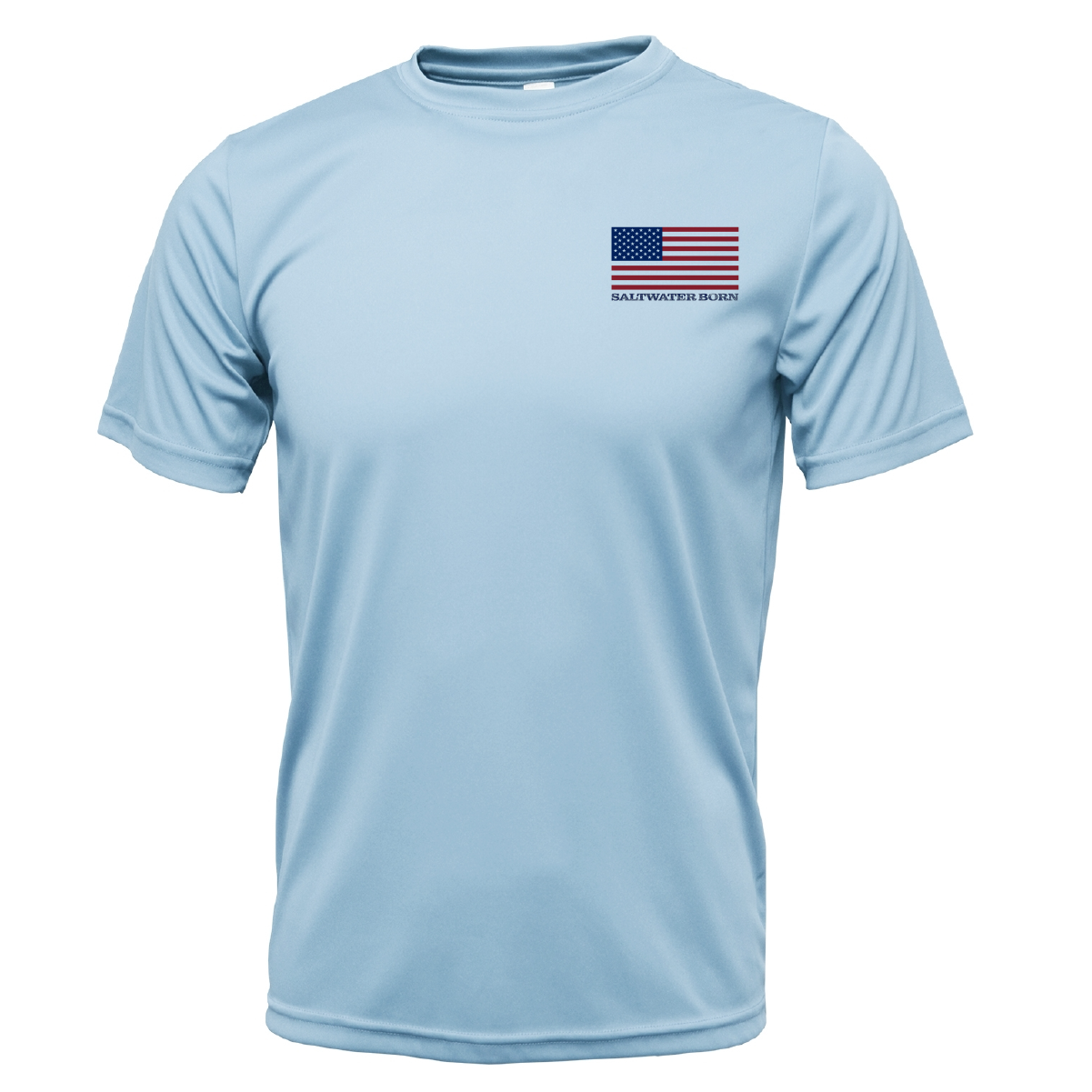 Light blue t-shirt with an American flag graphic on a white background