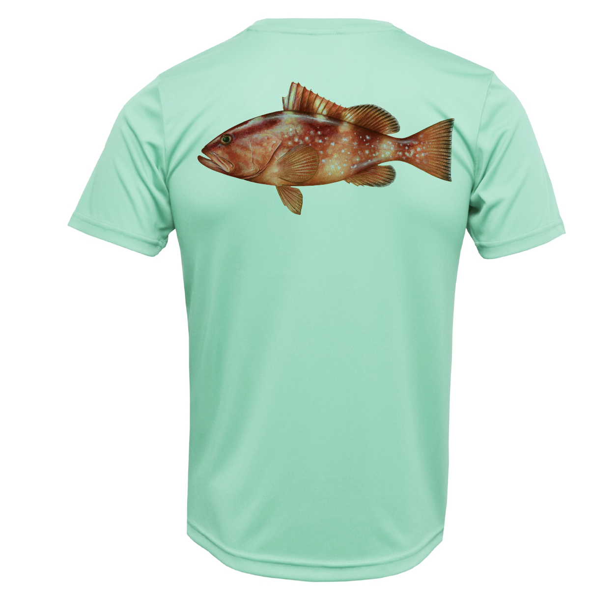 Light green t-shirt with a fish graphic on the back against a white background