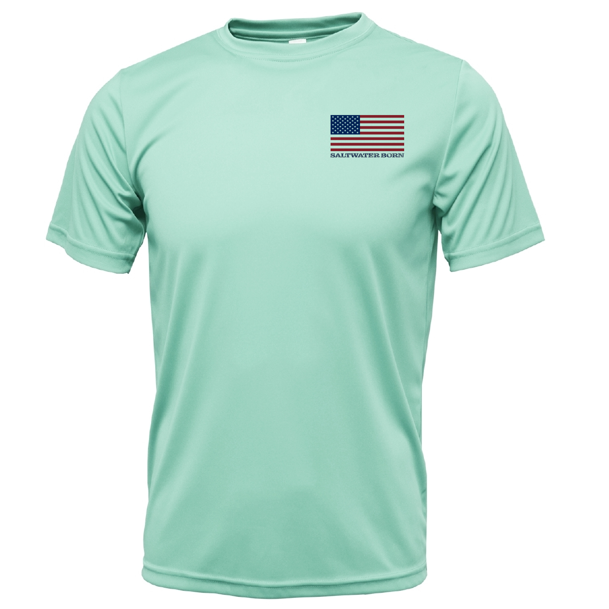 Light blue t-shirt with an American flag logo on a white background