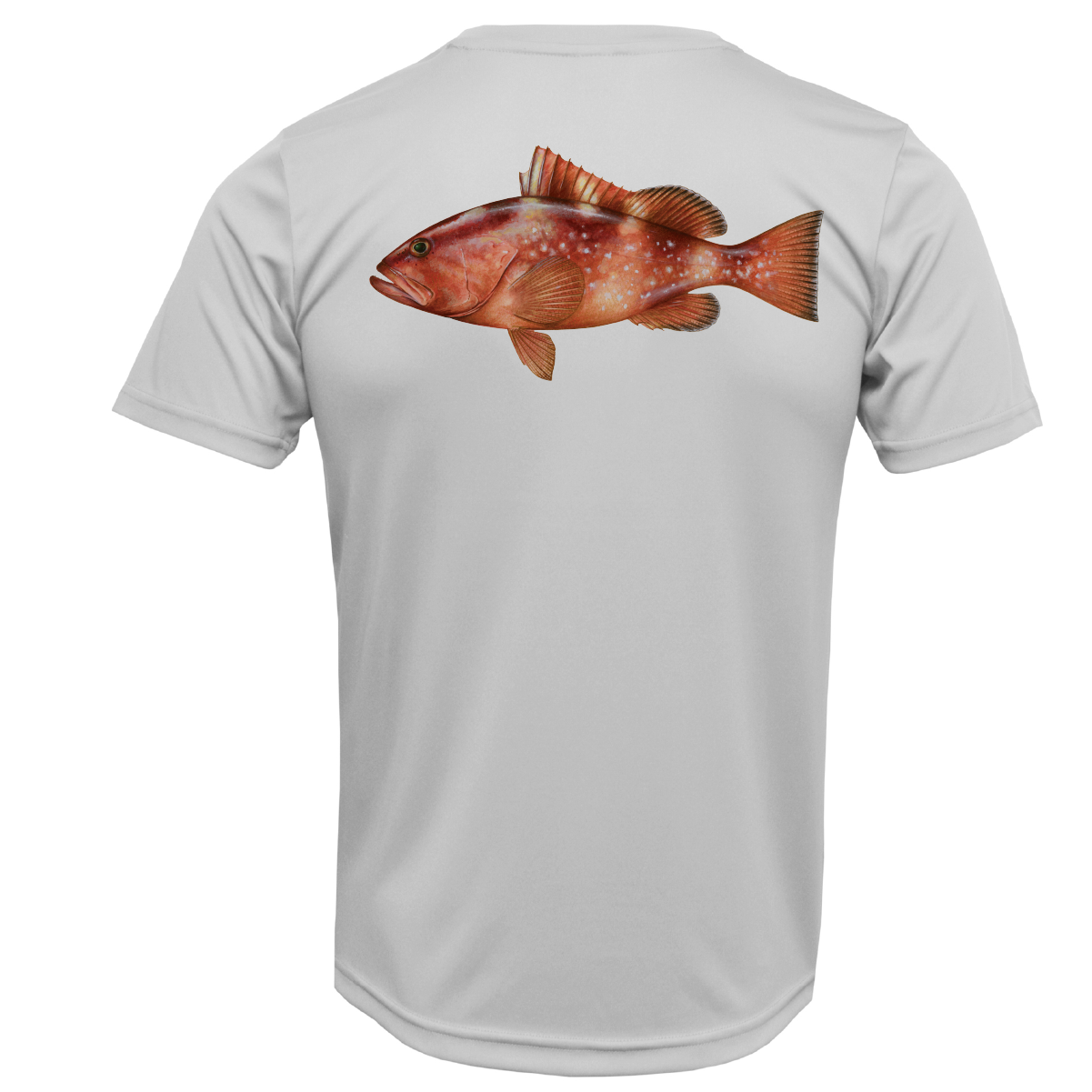 Gray t-shirt with a fish graphic on the back against a white background