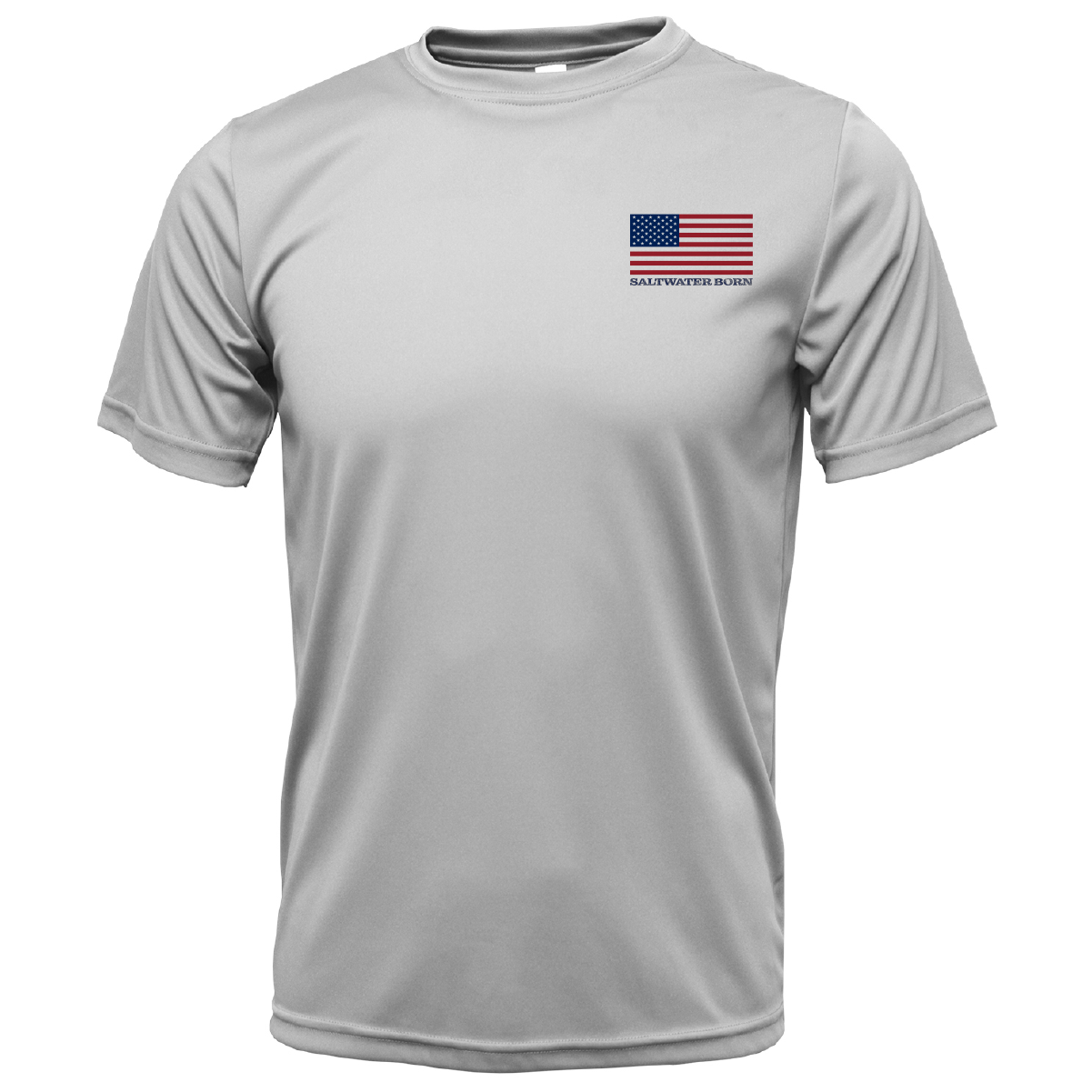 Gray t-shirt with an American flag logo on a white background