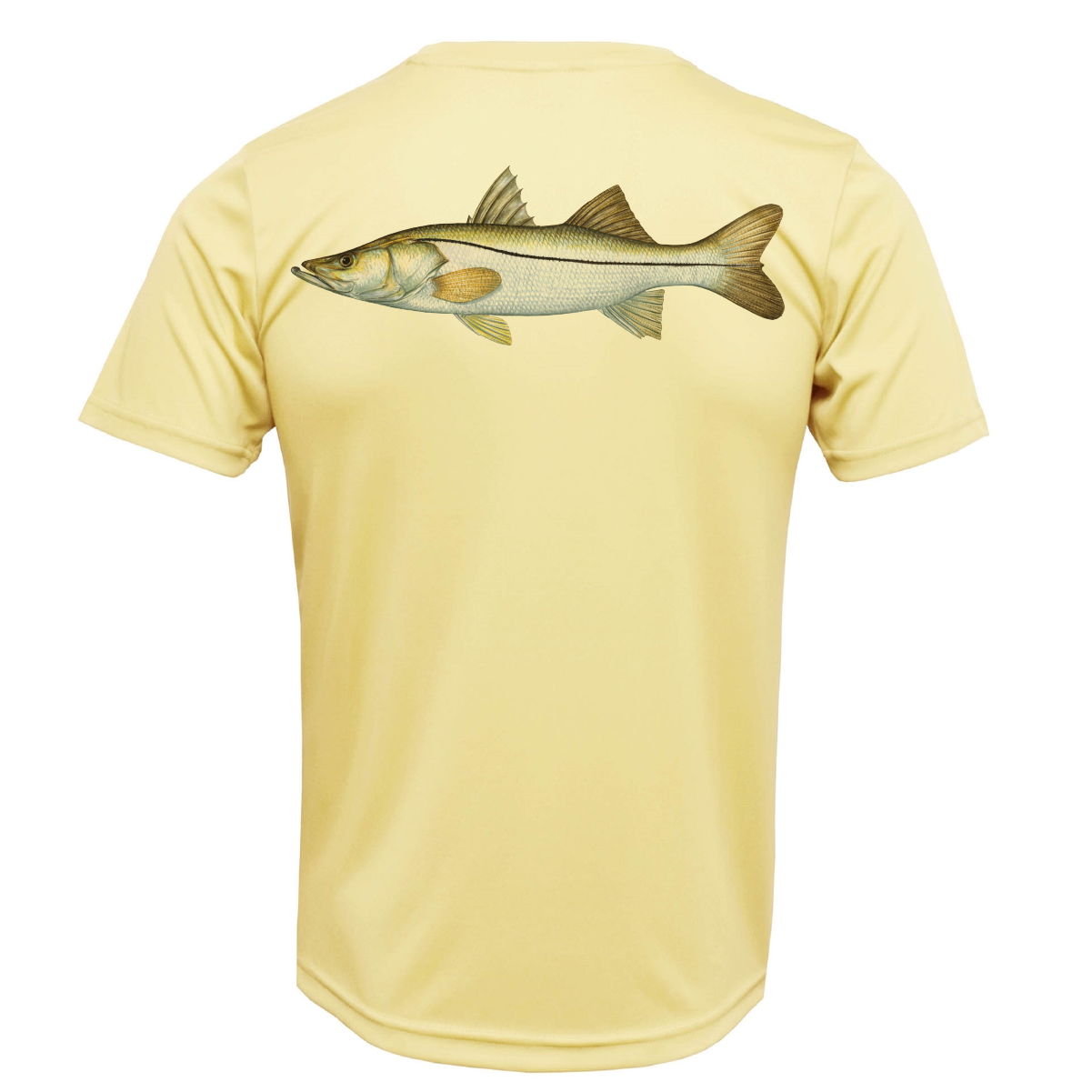 Yellow t-shirt with a fish graphic on the back against a white background