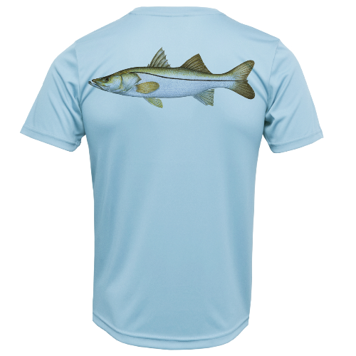 Light blue t-shirt with a fish graphic on the back against a white background