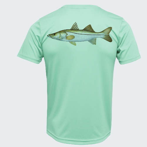 Light green t-shirt with a fish design on the back against a white background