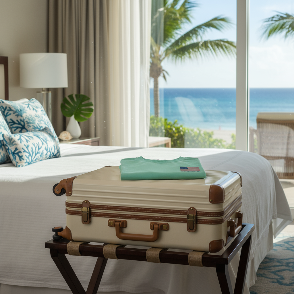 Light blue t-shirt with American flag graphic on a white background