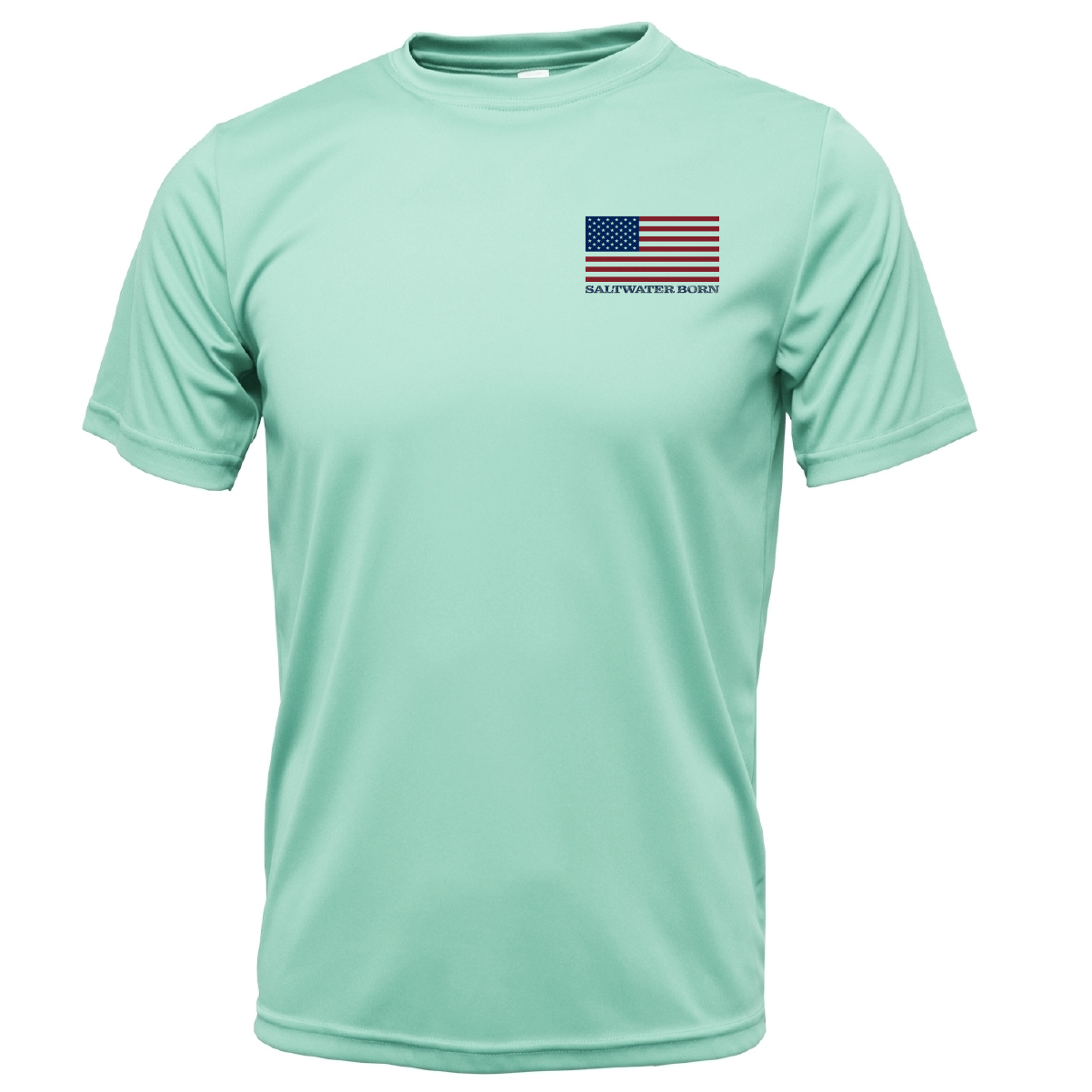 Light blue t-shirt with American flag graphic on a white background