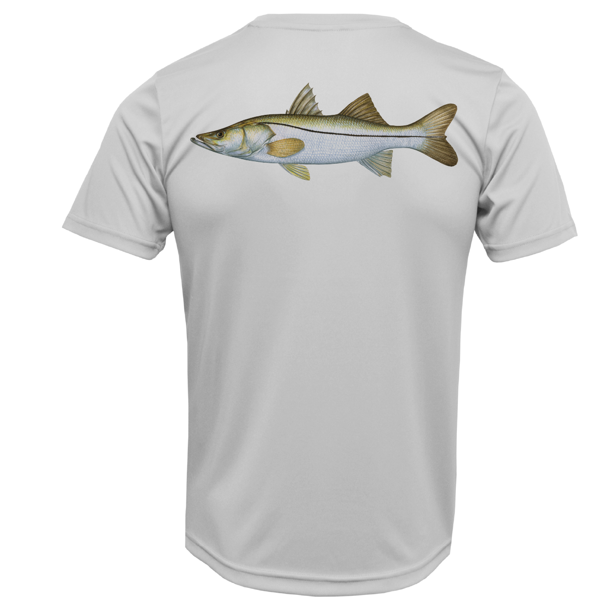Light gray t-shirt with a fish graphic on the back against a white background