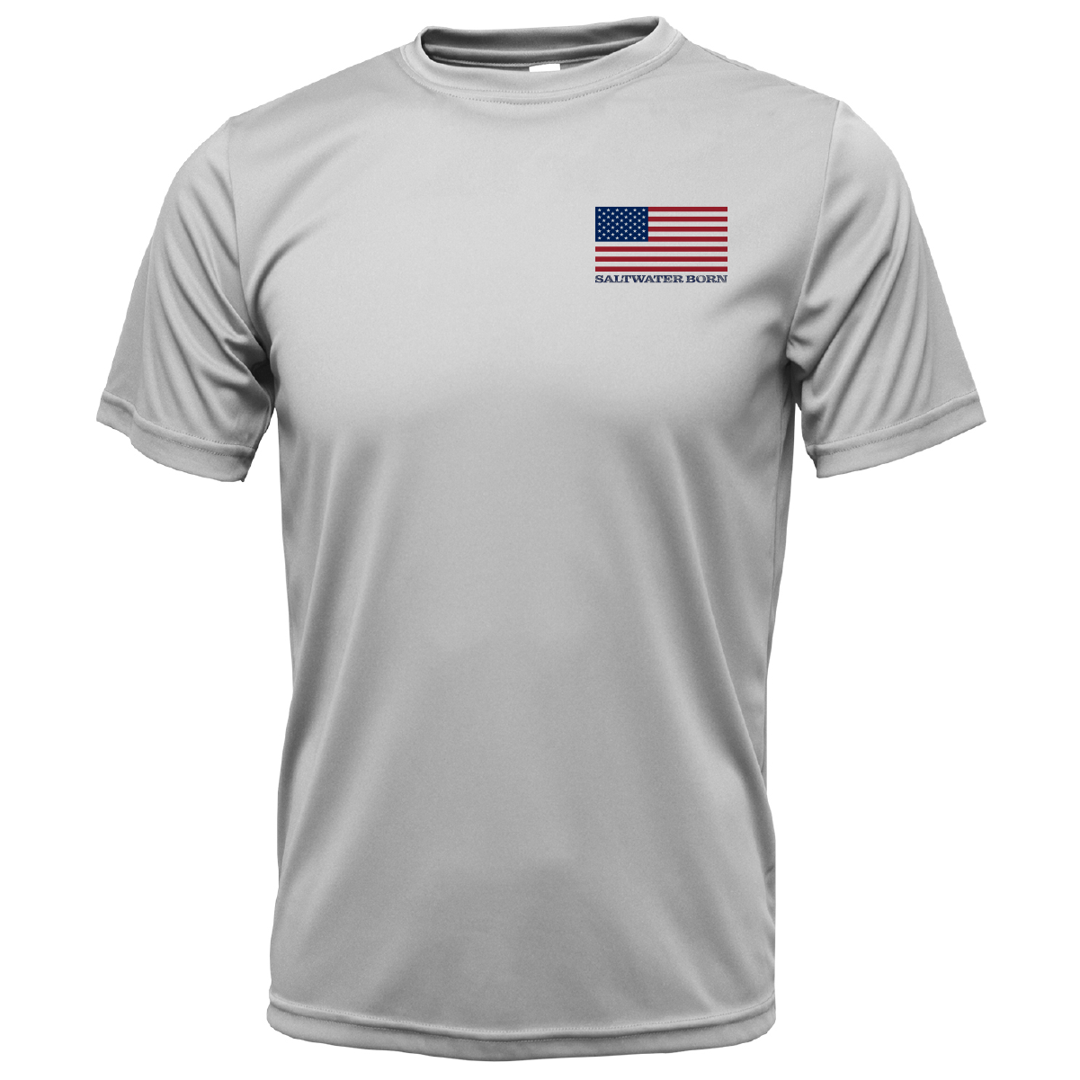 Gray t-shirt with American flag design on a white background