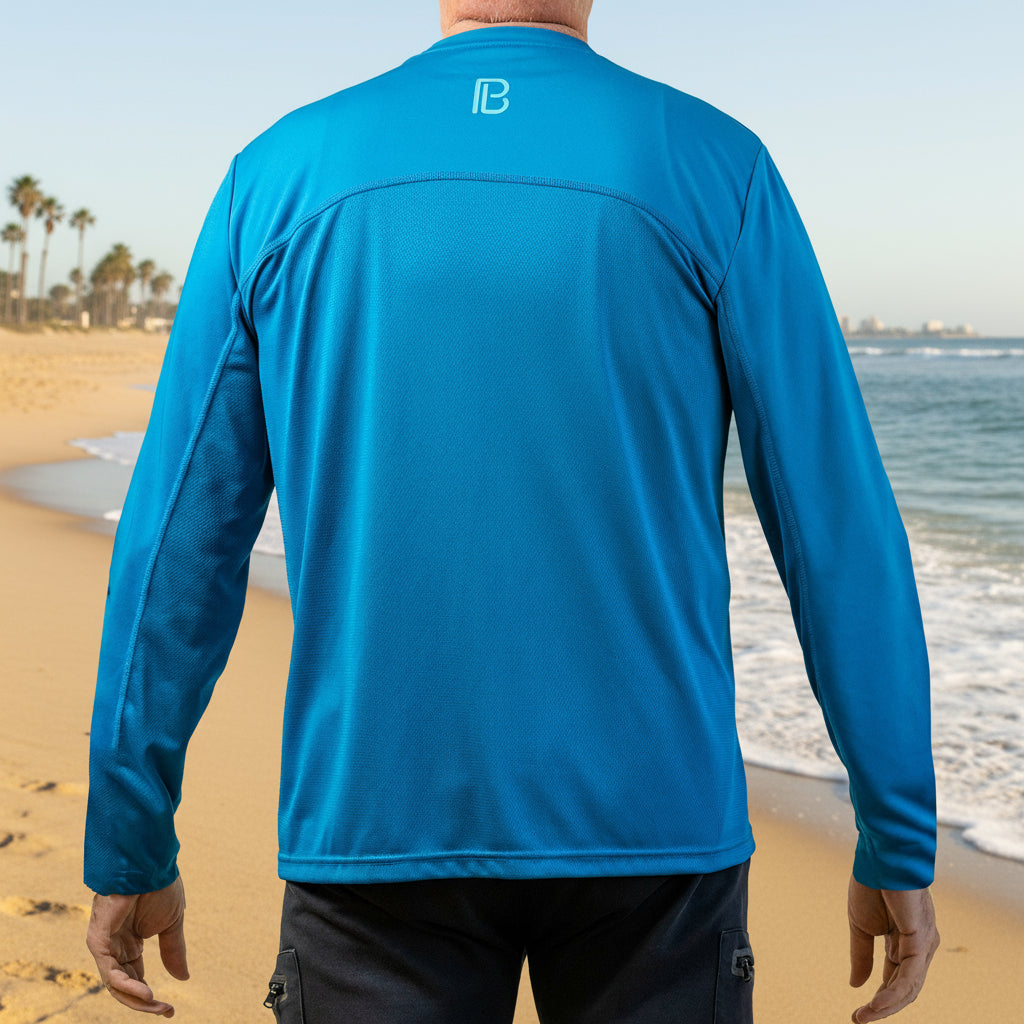Blue long-sleeve shirt with a brand logo on the back against a light gray background