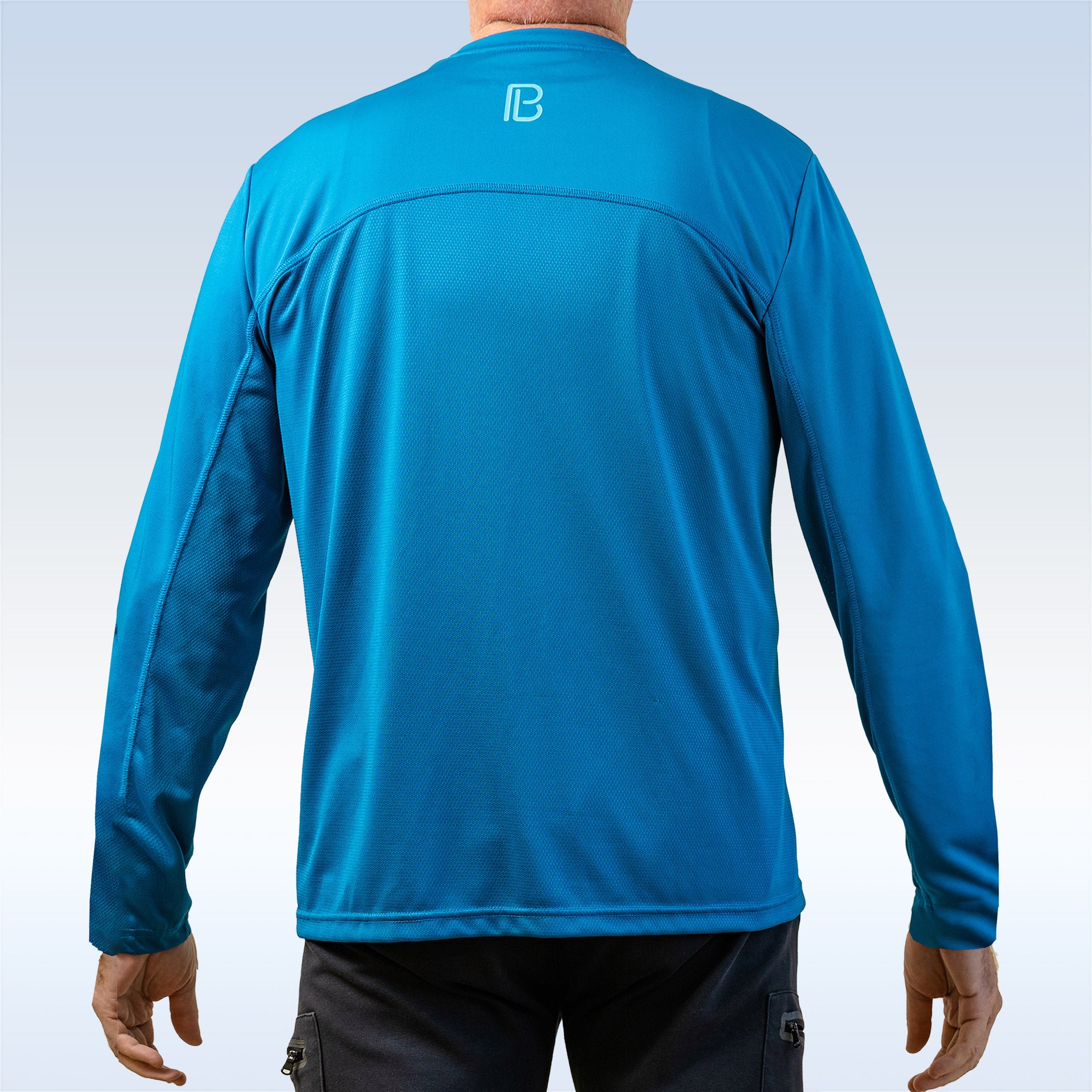 Blue long-sleeve shirt with a brand logo on the back against a light gray background