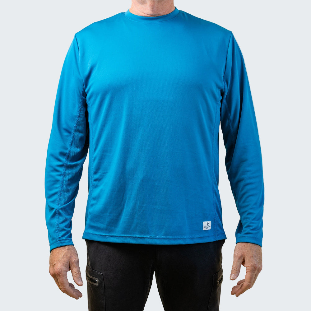 Person wearing a blue long-sleeve shirt on a light gray background