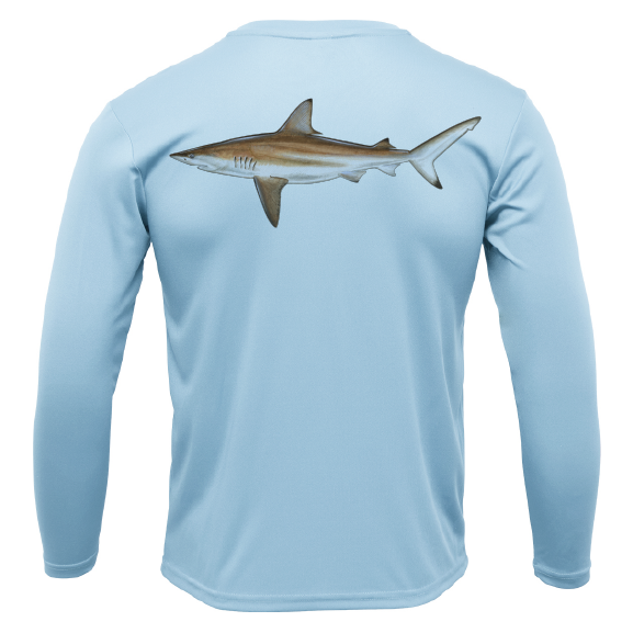Light blue long-sleeve shirt with a shark graphic on the back against a white background
