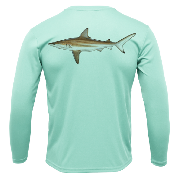 Mint green long-sleeve shirt with a shark graphic on the back against a white background