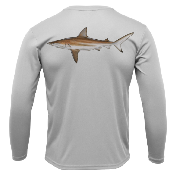 Gray long-sleeve shirt with a shark graphic on the back against a white background